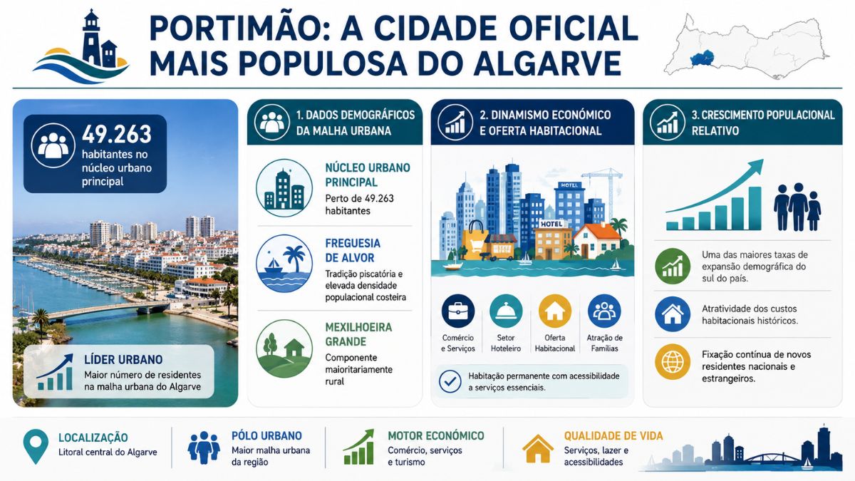 Um infográfico detalhado que apresenta Portimão como a cidade oficial mais populosa do Algarve. O gráfico destaca 49 mil e 263 habitantes no núcleo urbano principal. Inclui secções sobre dados demográficos da malha urbana dinamismo económico e oferta habitacional e crescimento populacional relativo. Mostra ícones para comércio setor hoteleiro atração de famílias e habitação permanente com acessibilidade. O design apresenta uma vista panorâmica de Portimão e um mapa do Algarve indicando a sua localização.