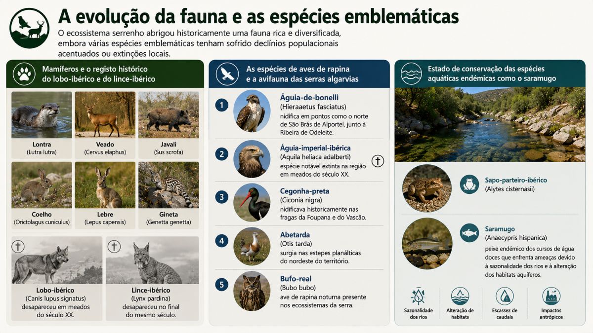 Infográfico sobre a fauna da Serra do Caldeirão destacando mamíferos como lontra e veado, registos históricos do lobo-ibérico e lince-ibérico, aves de rapina e espécies aquáticas endémicas como o saramugo.