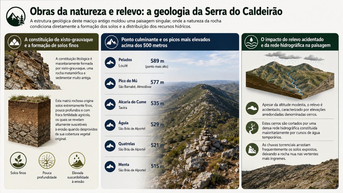 Infográfico explicativo sobre a constituição geológica de xisto-grauvaque da Serra do Caldeirão, apresentando os seus picos mais elevados como os Pelados e o Pico do Mú, além do impacto do relevo e da rede hidrográfica na paisagem.