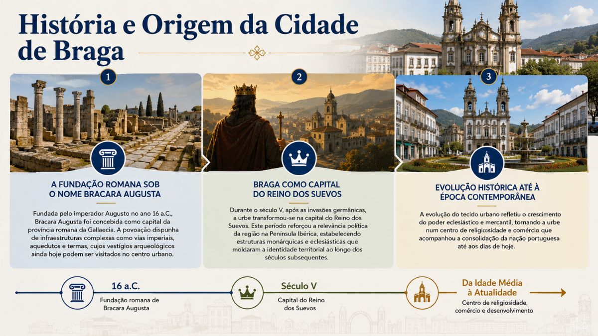 Infográfico ilustrativo sobre a evolução histórica de Braga mostrando as ruínas de Bracara Augusta, a época do Reino dos Suevos e a praça central contemporânea.