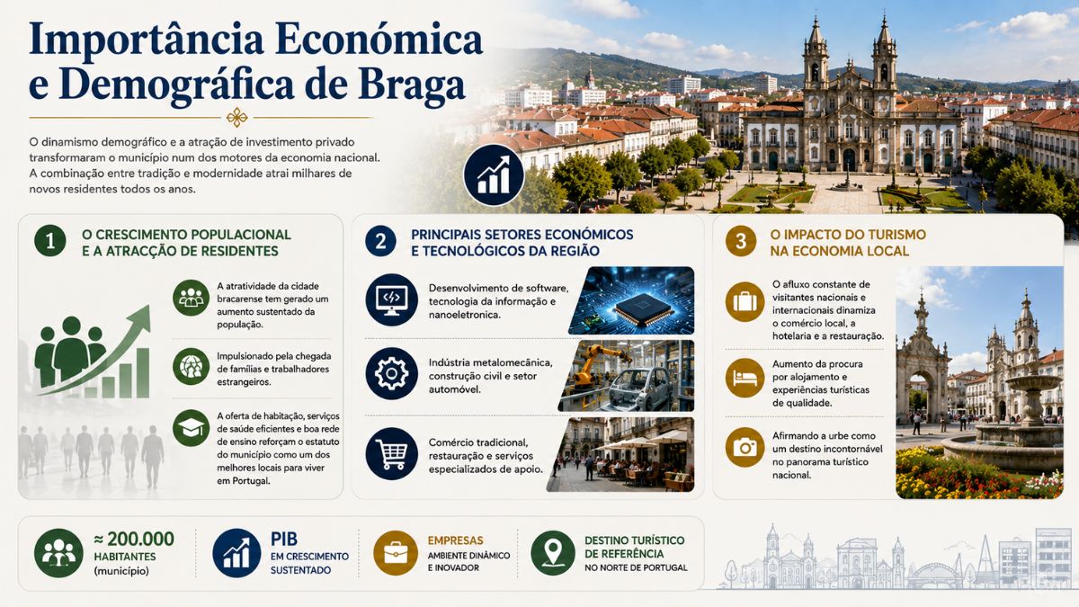 Infográfico analítico sobre a economia e demografia de Braga, destacando o crescimento populacional, os setores tecnológicos, o turismo e o dinamismo empresarial no Norte de Portugal.
