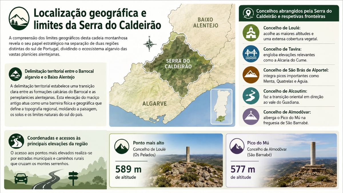 Infográfico detalhado sobre a Serra do Caldeirão com mapa de localização em Portugal, concelhos abrangidos como Loulé e Almodôvar, além dos pontos mais altos, Pelados com 589 metros e Pico do Mú com 577 metros.