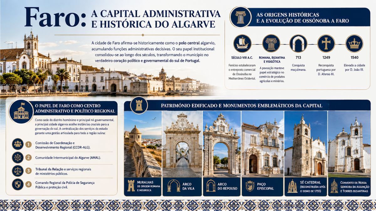 Infográfico detalhado sobre Faro como capital do Algarve exibindo a evolução histórica a administração regional e os principais monumentos patrimoniais da cidade.