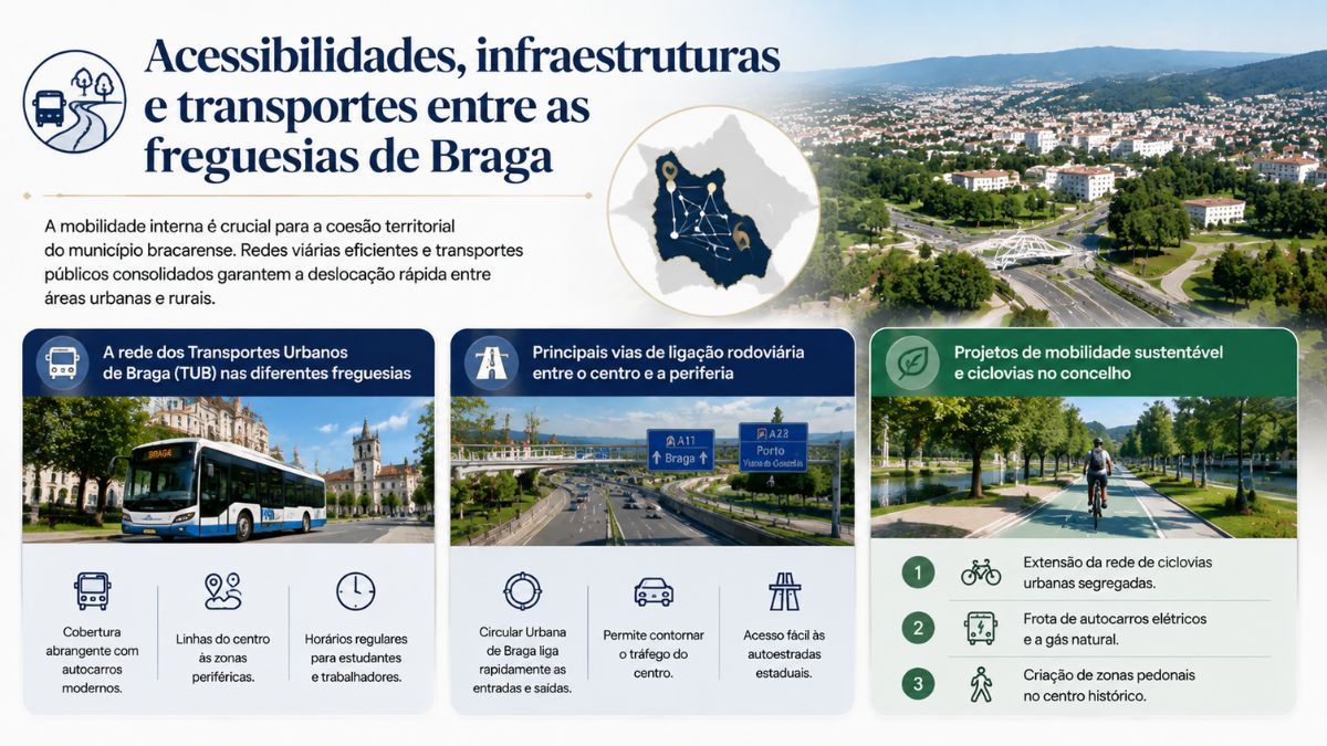 Infográfico sobre a rede de transportes urbanos de Braga TUB, vias rodoviárias principais, autoestradas A11 e A28 e ciclovias no concelho.