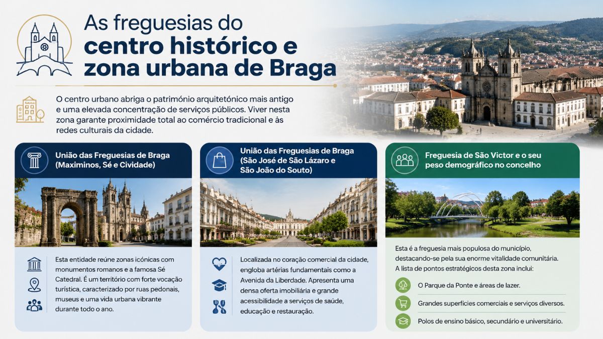 Infográfico com as freguesias do centro histórico de Braga destacando monumentos romanos, a Sé Catedral, a Avenida da Liberdade e São Victor.