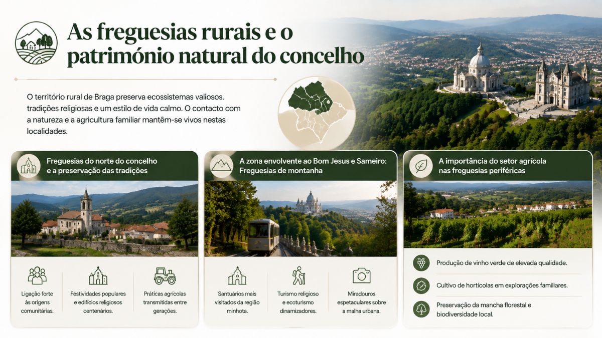 Infográfico com as freguesias rurais de Braga destacando tradições locais, o Santuário do Sameiro, o Bom Jesus e a produção agrícola.