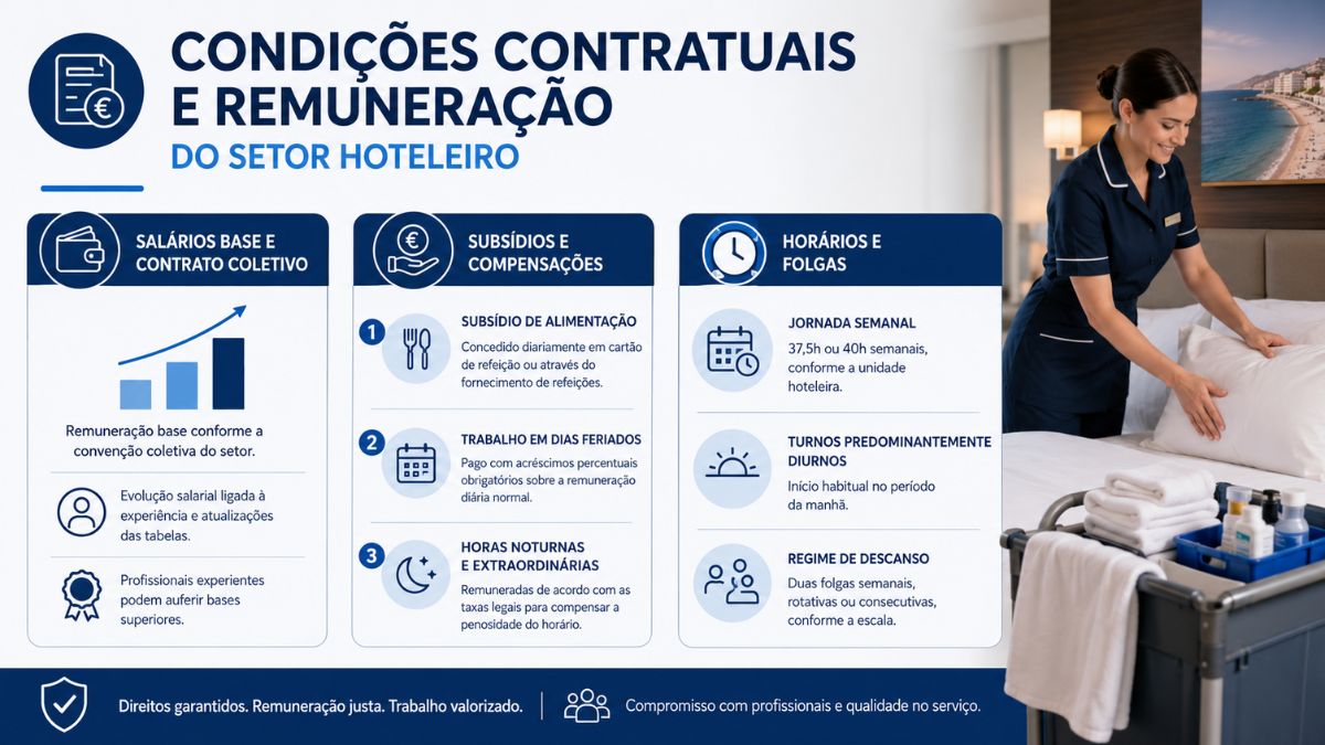 Infográfico explicativo sobre condições contratuais e remuneração no setor hoteleiro, detalhando salários base, convenção coletiva, subsídios de alimentação, trabalho em feriados, horas noturnas, horários e folgas.