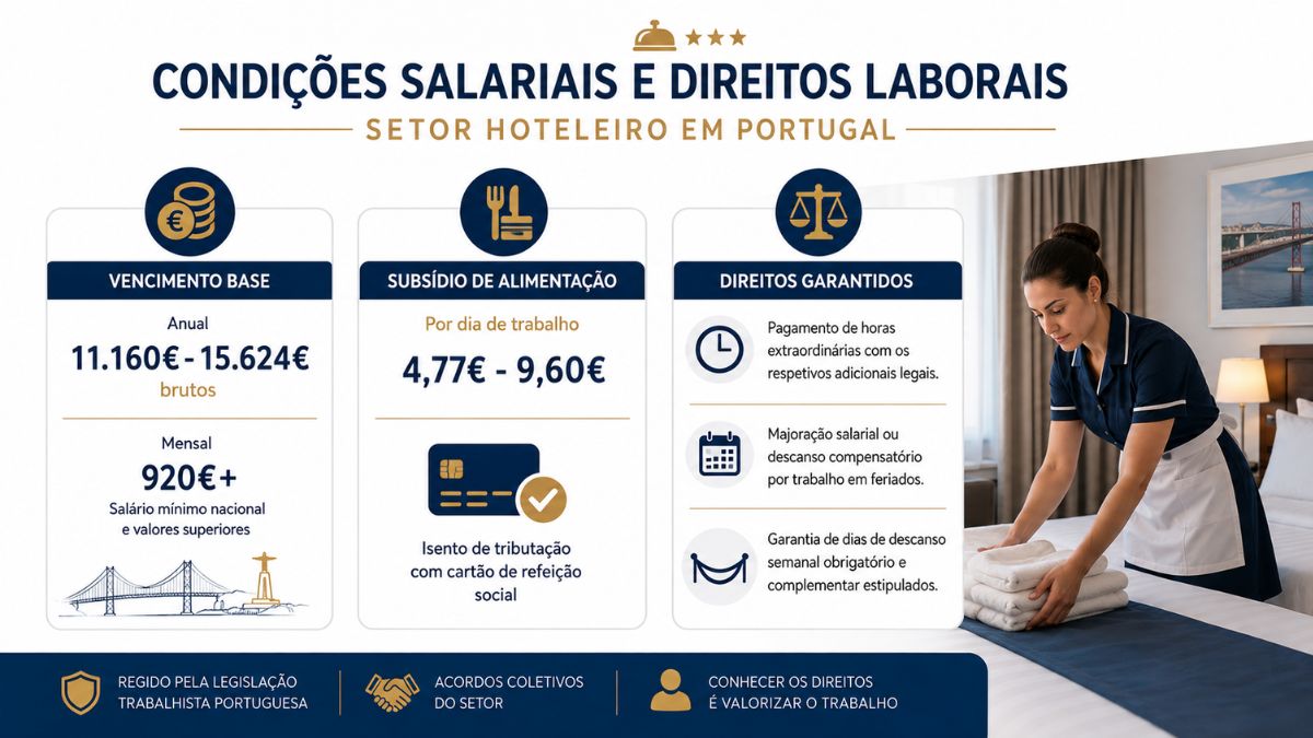 Infográfico detalhado sobre condições salariais e direitos laborais para empregada de andares em Portugal, destacando vencimento base, subsídio de alimentação e direitos garantidos.