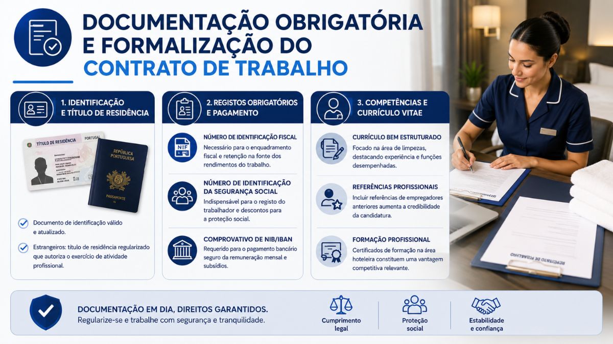 Infográfico informativo sobre documentação obrigatória e formalização de contrato de trabalho na hotelaria em Portugal, detalhando identificação, título de residência, registos de NIF e NISS, NIB/IBAN e elaboração de currículo vitae.