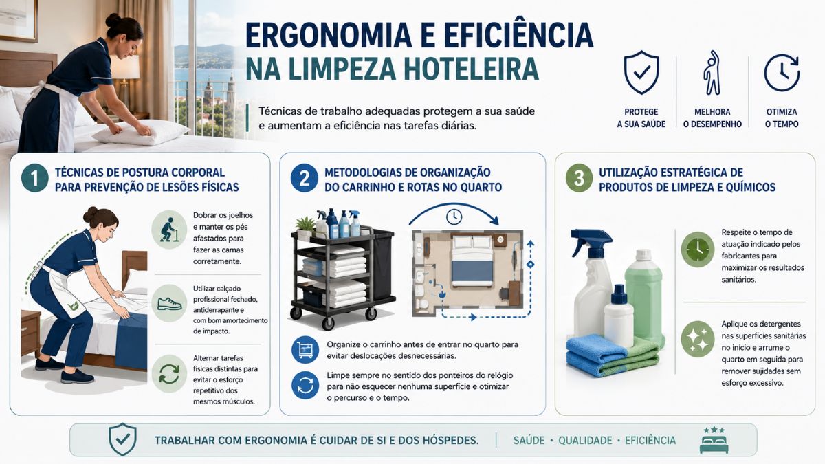 Infográfico explicativo ilustrando técnicas de postura corporal, organização do carrinho de housekeeping e utilização estratégica de produtos químicos de limpeza.