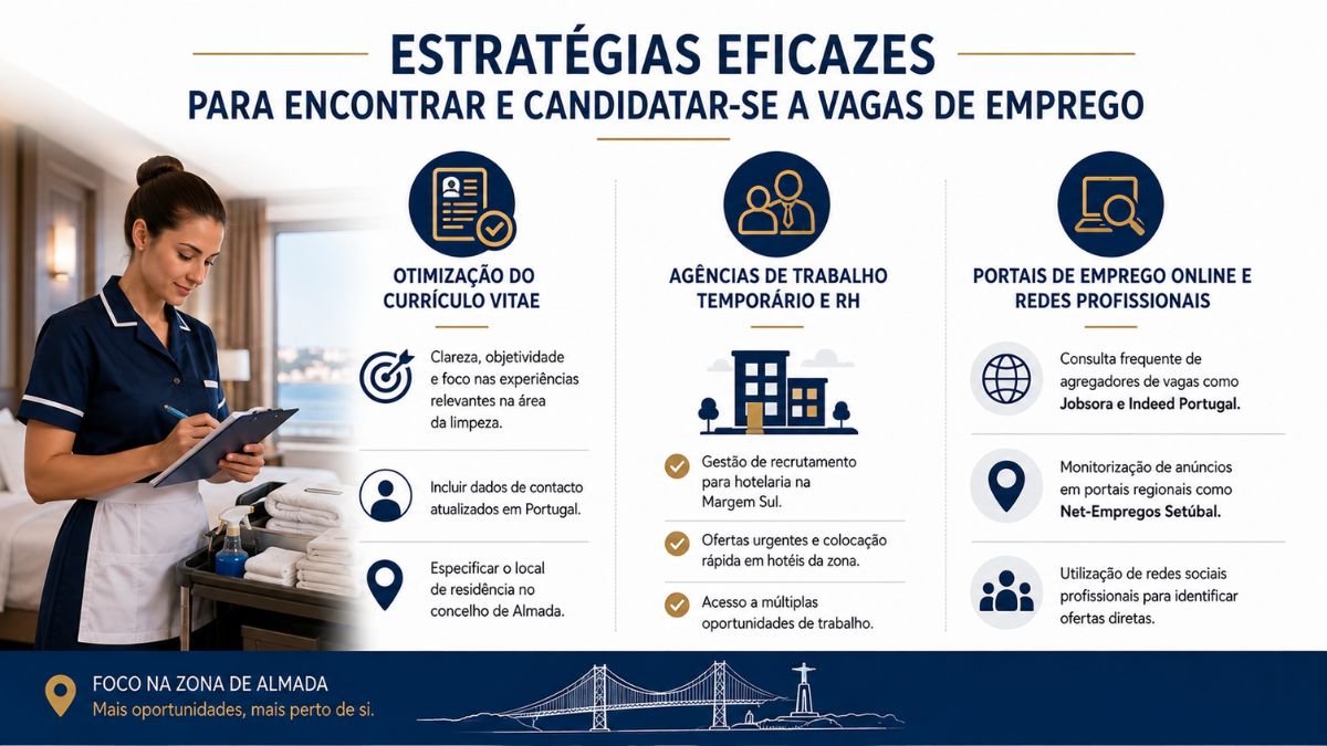 Infográfico com estratégias para procurar emprego de empregada de andares em Almada, destacando otimização do currículo, agências de recursos humanos e portais de emprego.