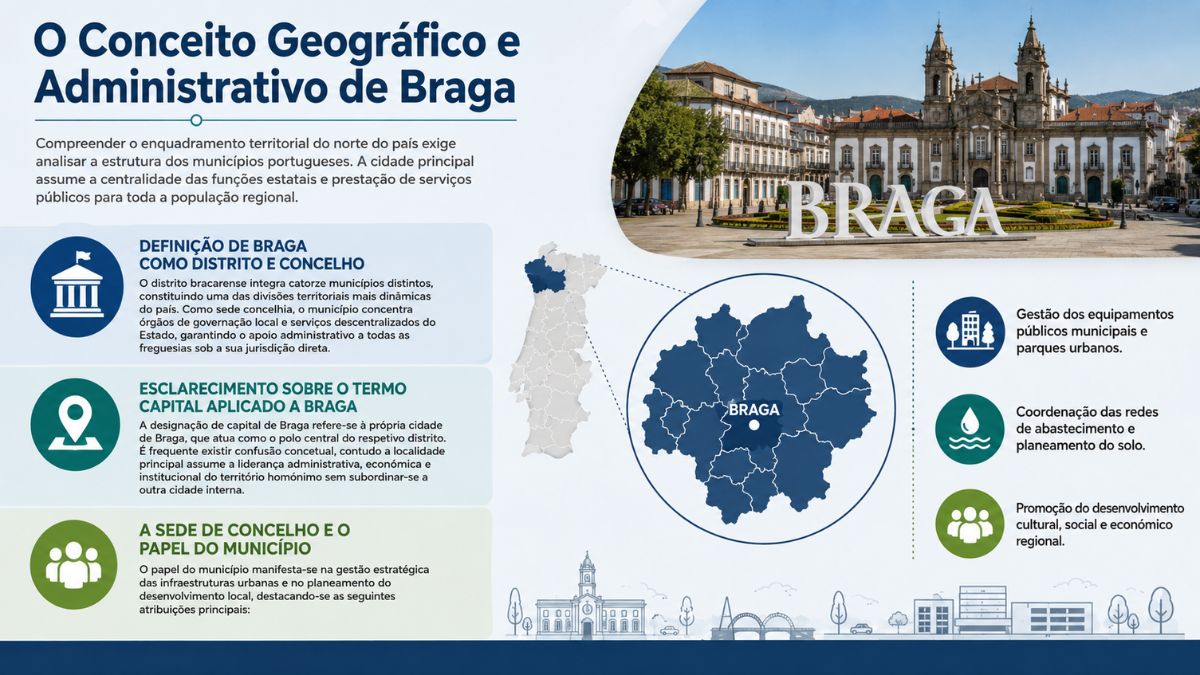 Infográfico explicativo sobre a organização geográfica e administrativa de Braga, apresentando o mapa de Portugal, o mapa do distrito, cartões informativos e fotografia da Praça do Município.