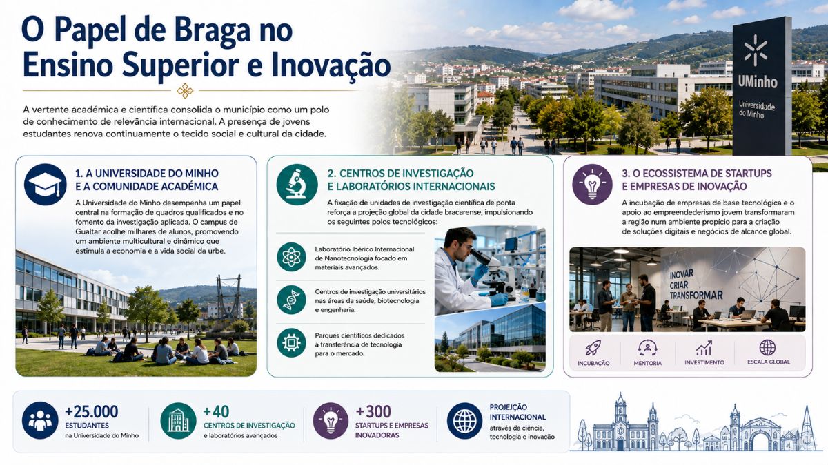 Infográfico detalhado sobre o polo académico e tecnológico de Braga, destacando o campus da Universidade do Minho, centros de investigação científica e startups digitais.