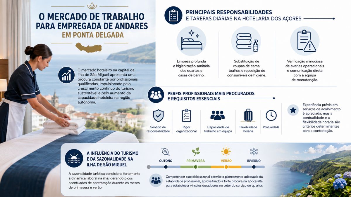 Infográfico informativo detalhando o mercado de trabalho, responsabilidades, requisitos e a sazonalidade para a função de empregada de andares em Ponta Delgada.