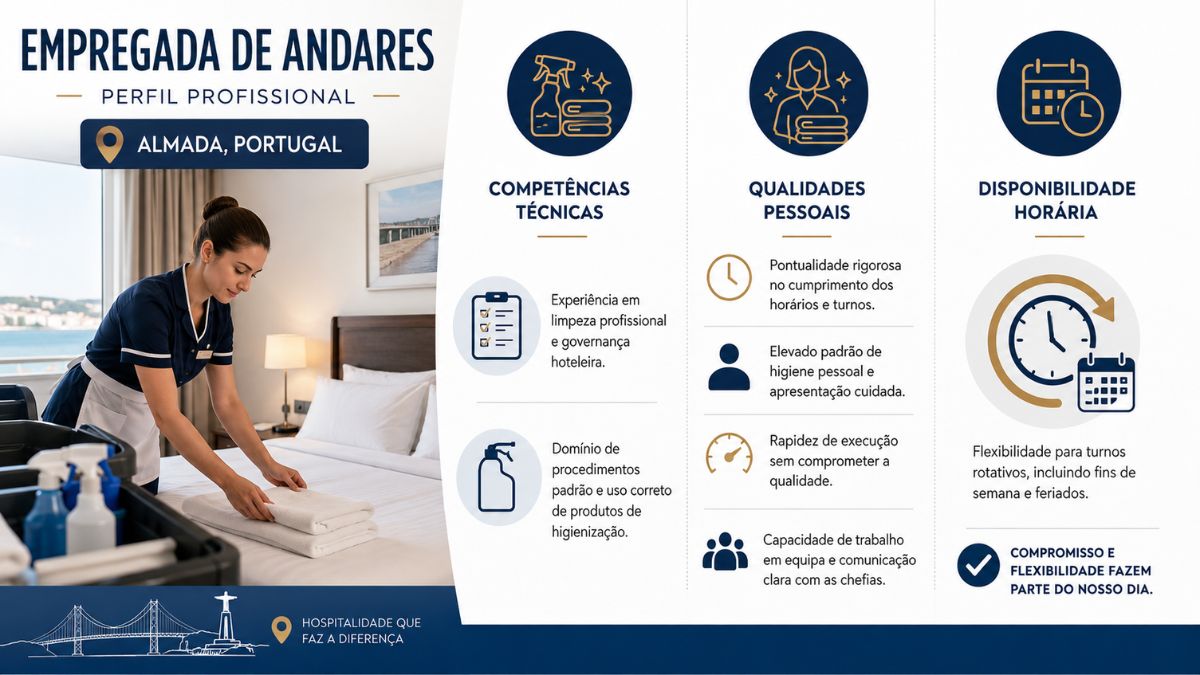 Infográfico explicativo sobre o perfil profissional de empregada de andares em Almada, destacando competências técnicas, qualidades pessoais e disponibilidade horária.