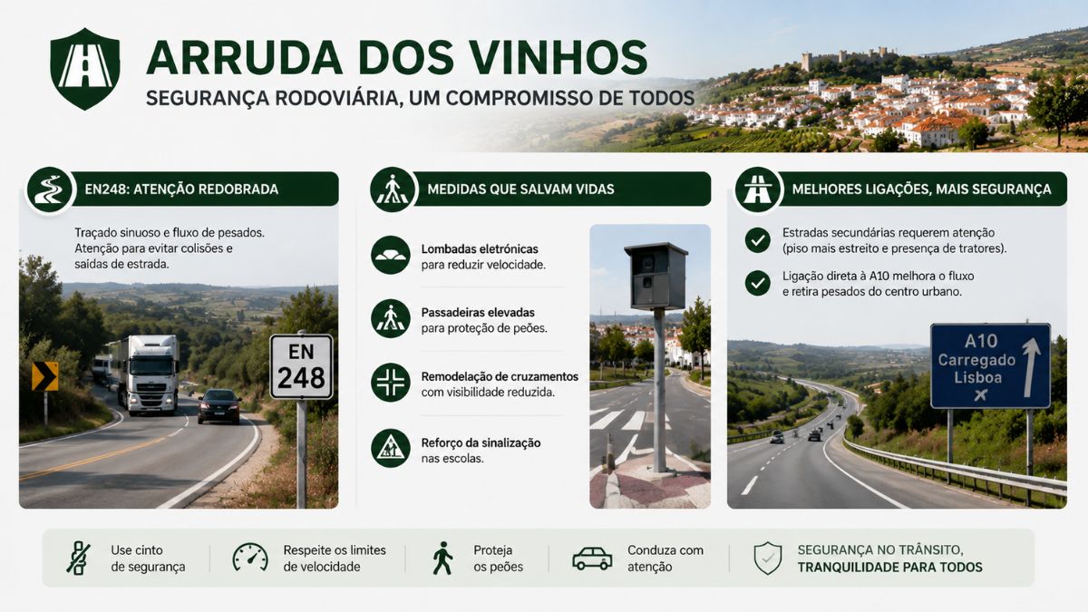 Infográfico informativo sobre a segurança rodoviária em Arruda dos Vinhos detalhando os cuidados na Estrada Nacional 248, as medidas municipais de prevenção para pedestres e os acessos à autoestrada A10.