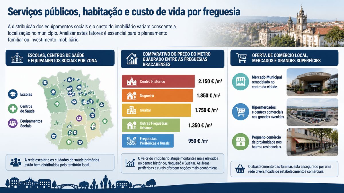 Infográfico com mapa de escolas e centros de saúde em Braga, comparativo de preços imobiliários por metro quadrado e oferta de comércio local.
