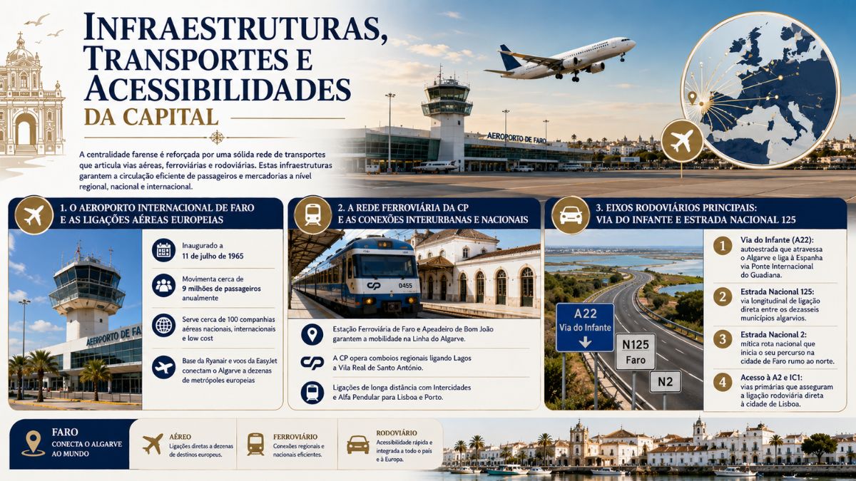 Infográfico sobre acessibilidade em Faro com detalhes do Aeroporto Internacional de Faro, rede ferroviária da CP e eixos rodoviários A22 e N125.