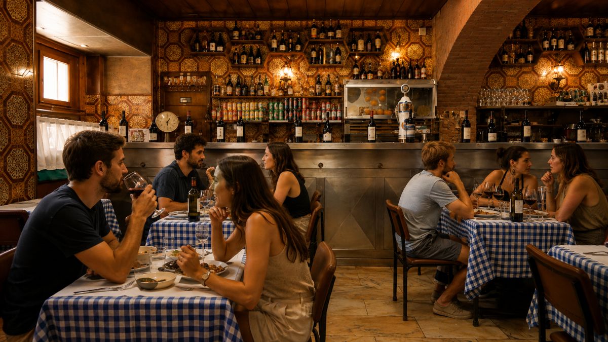 Pessoas jantando no interior de uma cervejaria tradicional em Lisboa com toalhas xadrez azuis, paredes com azulejos antigos e balcão em aço inox.