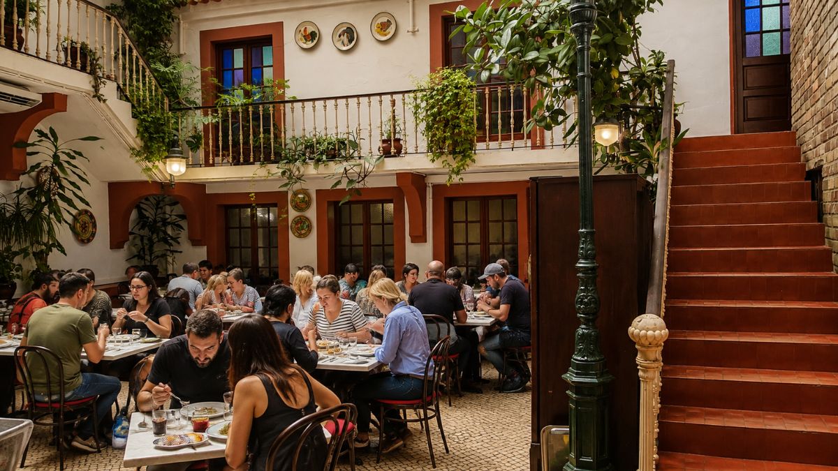 Salão principal do Restaurante O Fuso em Arruda dos Vinhos com clientes almoçando em mesas organizadas, pátio interno rústico com plantas, escada lateral em tons terrosos e mezanino decorado.