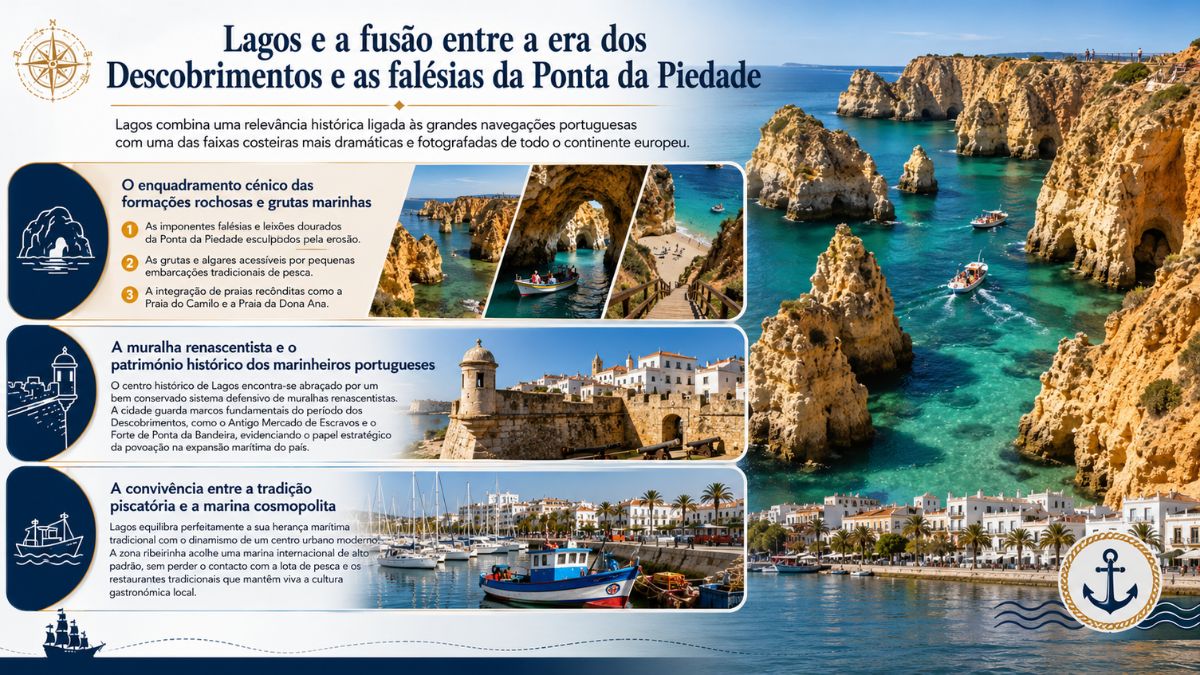 Infografia de Lagos no Algarve com falésias da Ponta da Piedade, grutas marinhas, muralha renascentista e marina cosmopolita.