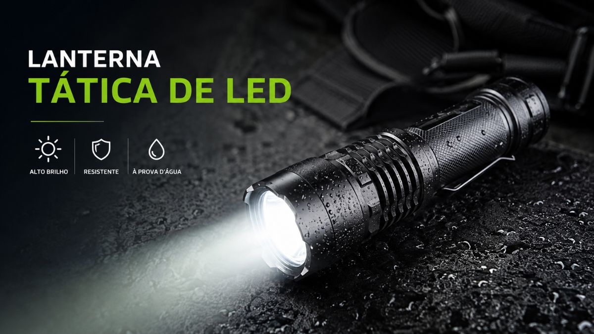 Lanterna tática de LED preta ligada sobre superfície molhada com feixe de luz brilhante em ambiente escuro.