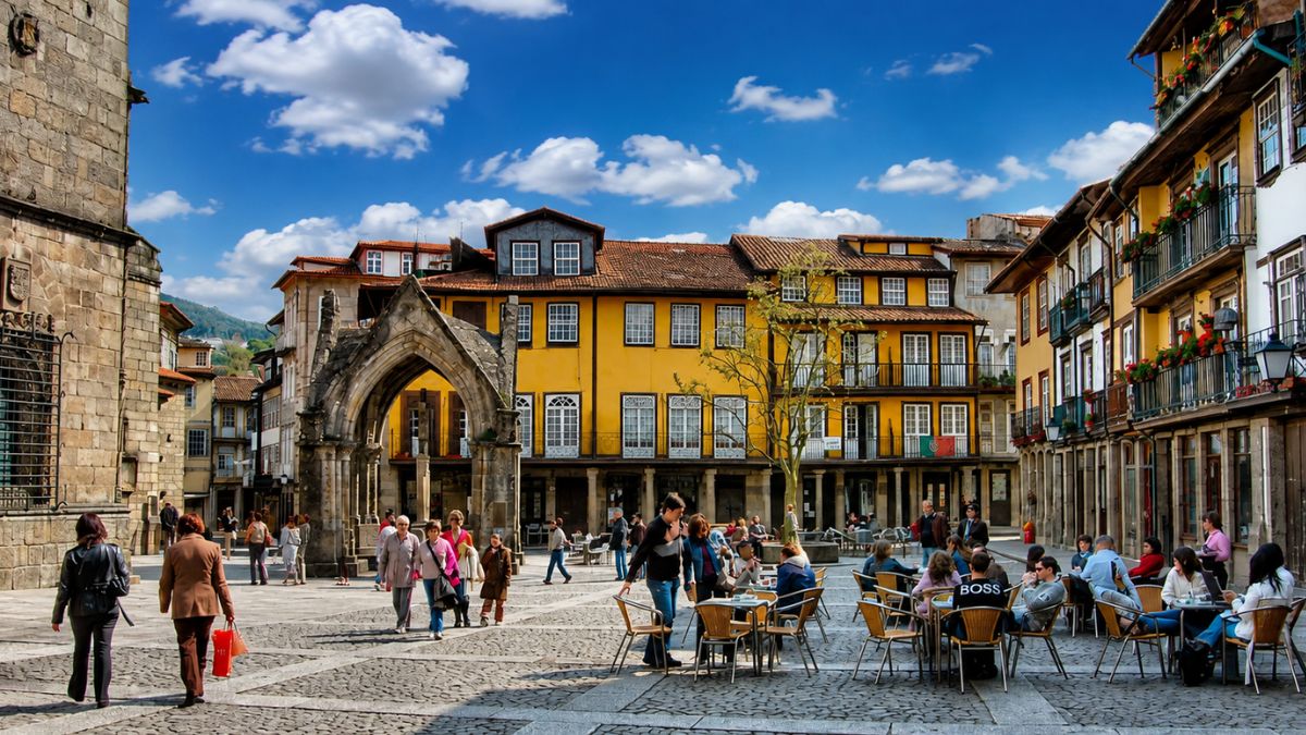 Largo da Oliveira em Guimarães com o monumento Padrão do Salado, edifícios históricos amarelados e esplanadas ao ar livre em Portugal.