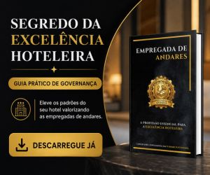 Capa do livro Empregada de Andares em destaque ao lado de um banner publicitário dourado e preto com o texto Segredo da Excelência Hoteleira. A imagem apresenta uma chamada para descarregar o guia prático de governança destinado a elevar os padrões no setor da hotelaria.