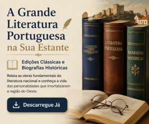 Banner publicitário sobre literatura portuguesa mostrando livros antigos encadernados, óculos de leitura sobre um livro aberto e um castelo medieval ao fundo.