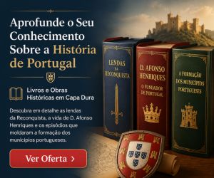 Banner publicitário de livros sobre história de Portugal exibindo três volumes em capa dura, um escudo medieval português e um castelo ao fundo.