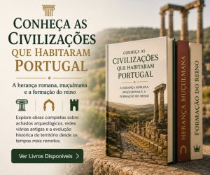 Banner promocional com livros de história sobre a herança romana e muçulmana ao lado de ruínas históricas com colunas de pedra em Portugal.