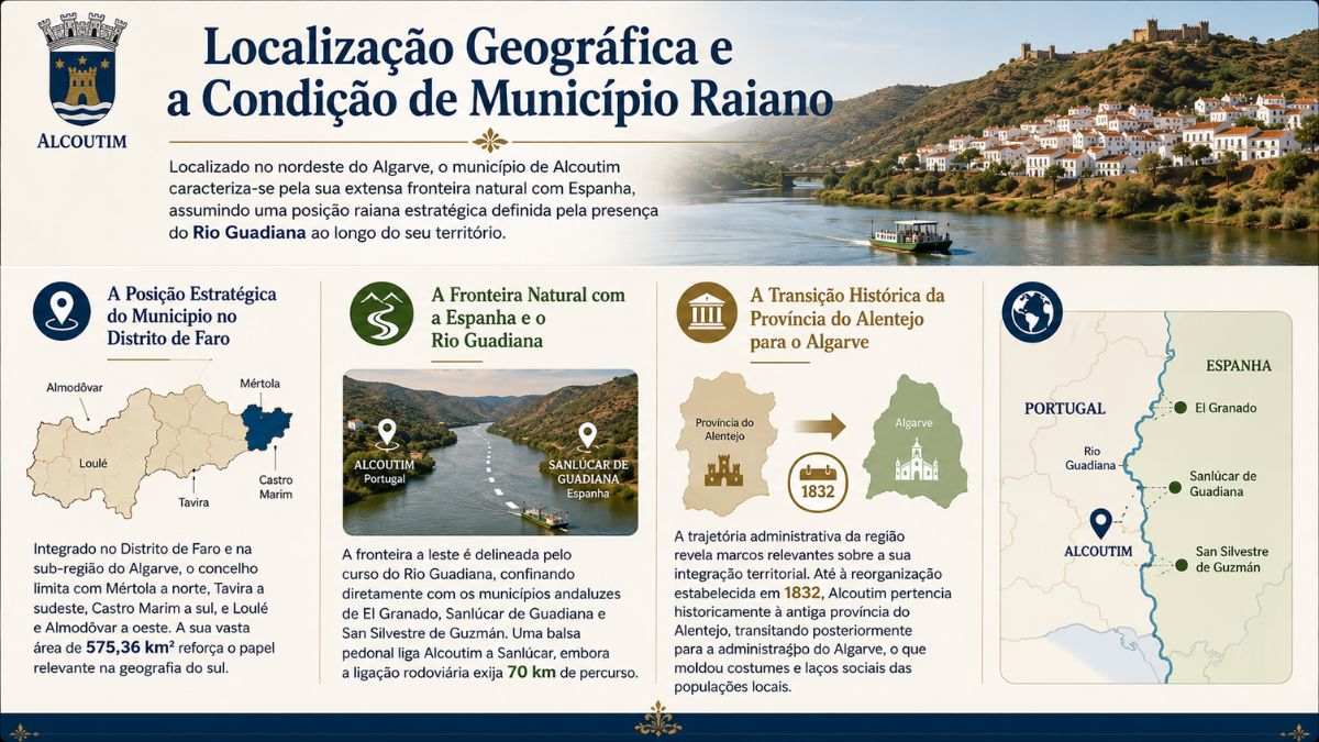 Infográfico sobre a localização geográfica de Alcoutim mostrando mapas do distrito de Faro, a fronteira com Sanlúcar de Guadiana em Espanha e o Rio Guadiana.