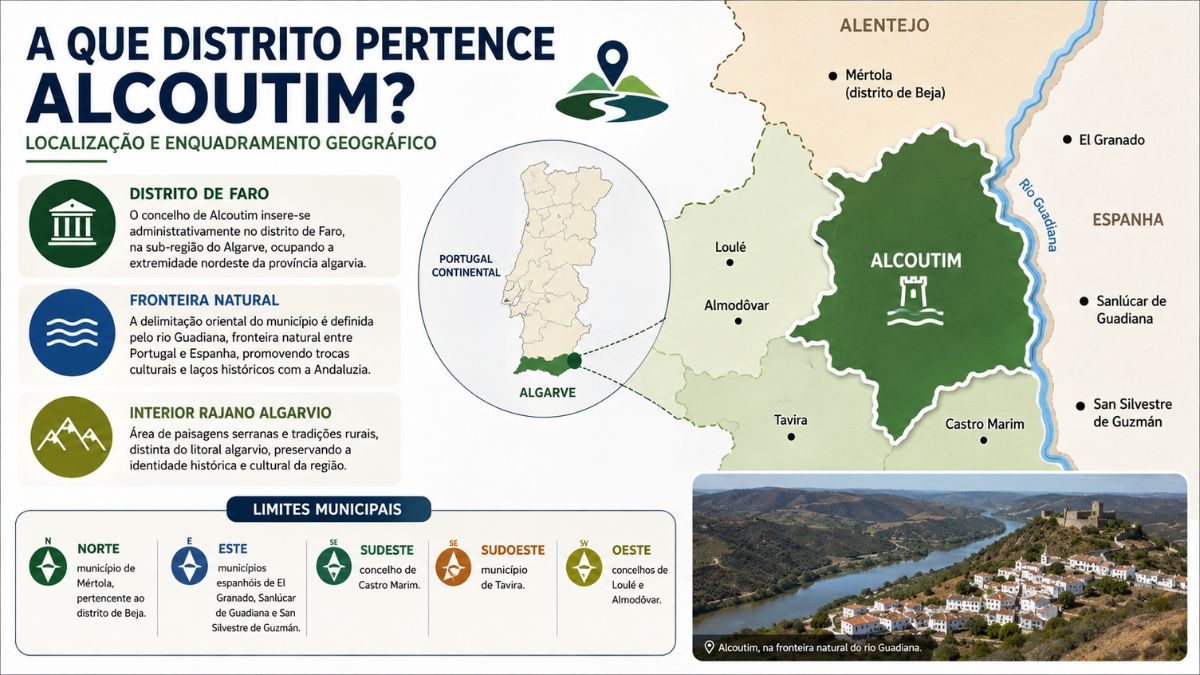 Infográfico detalhado sobre a localização de Alcoutim no Distrito de Faro, exibindo mapas de Portugal e do Algarve raiano, limites municipais com concelhos vizinhos e Espanha através do Rio Guadiana, e uma vista panorâmica da vila histórica.