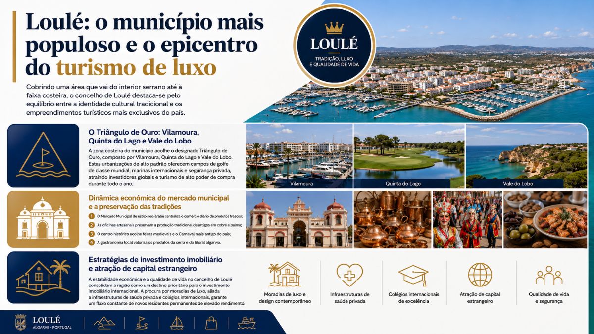 Infográfico informativo sobre o concelho de Loulé, mostrando o Triângulo de Ouro com Vilamoura, Quinta do Lago e Vale do Lobo, além do Mercado Municipal e artesanato local.