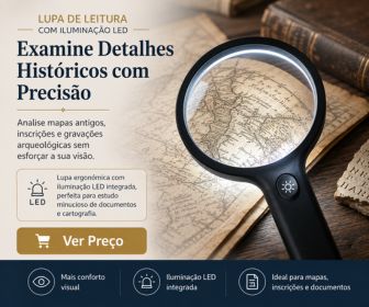 Lupa de leitura com luz LED sobreposta a um mapa antigo, destacando detalhes de cartografia e inscrições em papel envelhecido.
