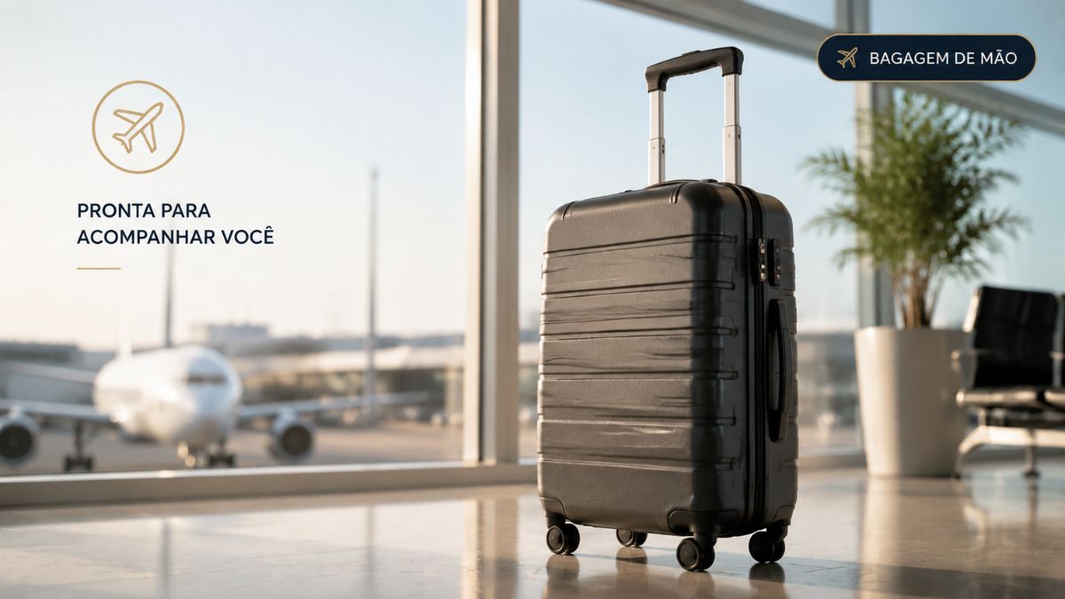 Uma mala de viagem rígida preta com rodas duplas e asa extensível está em destaque no chão de um aeroporto iluminado. Ao fundo, através de grandes janelas de vidro, avista-se um avião na pista. No canto superior direito surge um selo informando bagagem de mão, e do lado esquerdo está um ícone de avião com a frase pronta para acompanhar você.