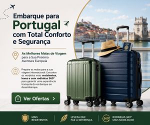 Banner publicitário com a frase embarque para Portugal com total conforto e segurança, exibindo duas malas rígidas de viagem nas cores verde e azul com rodinhas 360 graus, chapéu de palha, passaporte do Brasil e botão de chamada para ação.