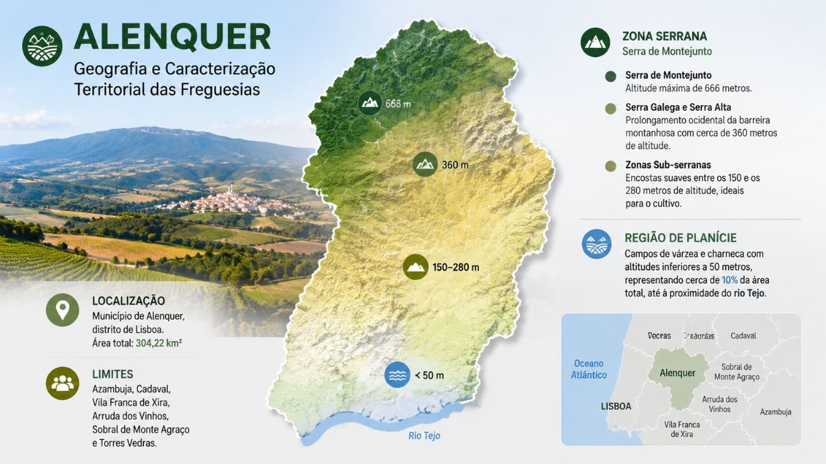 Infografia do mapa geografico de Alenquer a mostrar as altitudes da Serra de Montejunto, zonas subserranas, planicies e limites concelhios.