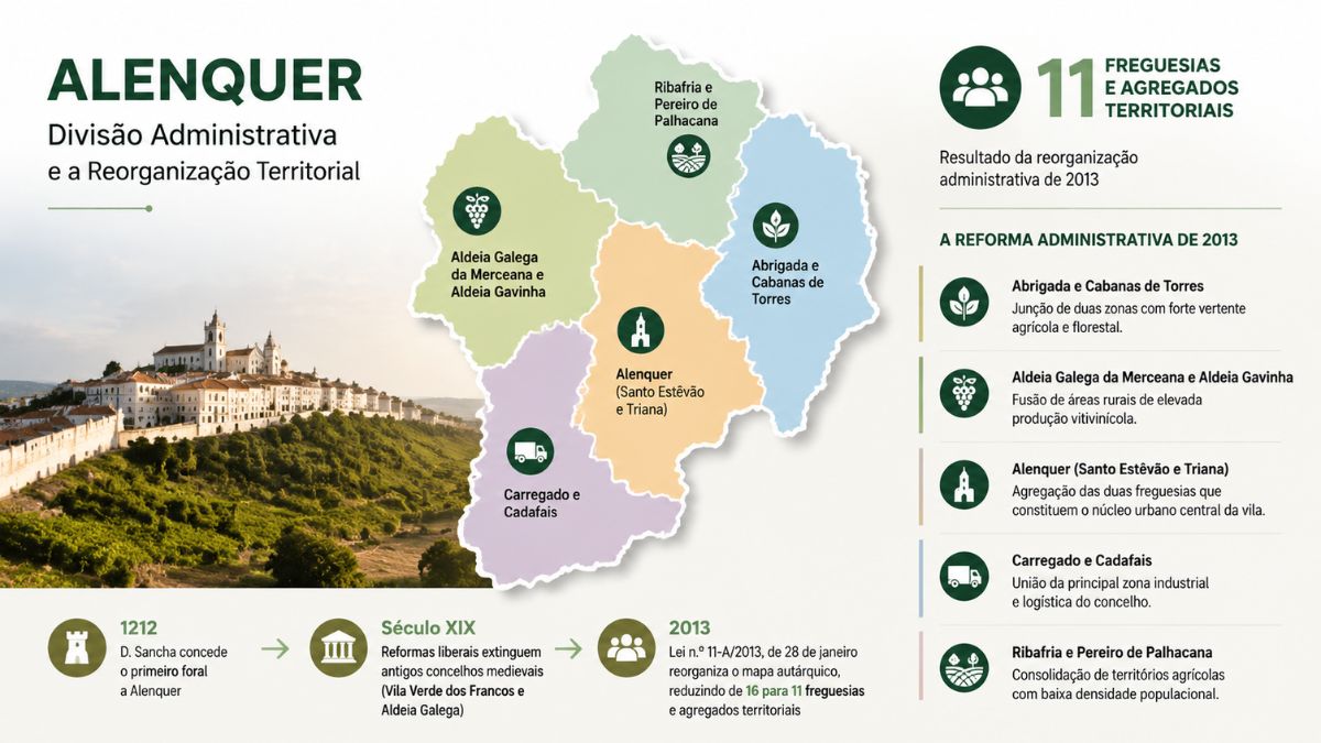 Infografia do mapa de Alenquer a ilustrar a reorganização territorial das 11 freguesias e a evolução histórica do concelho desde 1212.
