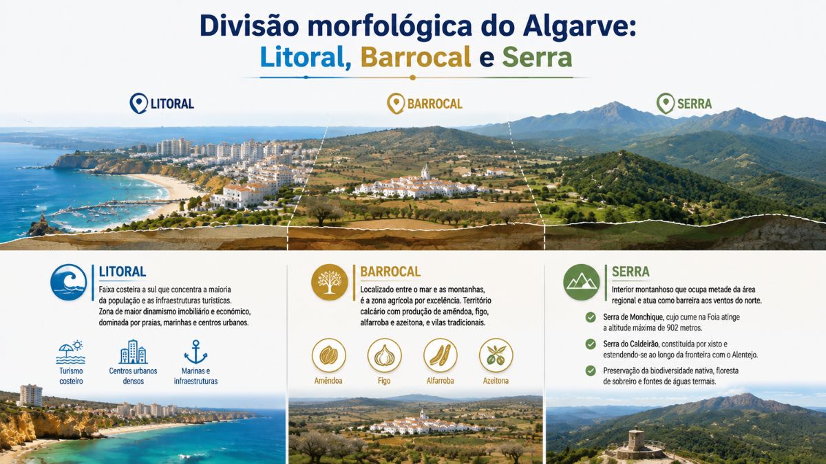 Infográfico explicativo sobre a divisão morfológica do Algarve, ilustrando as três faixas naturais do Litoral costeiro, do Barrocal agrícola e da Serra montanhosa.