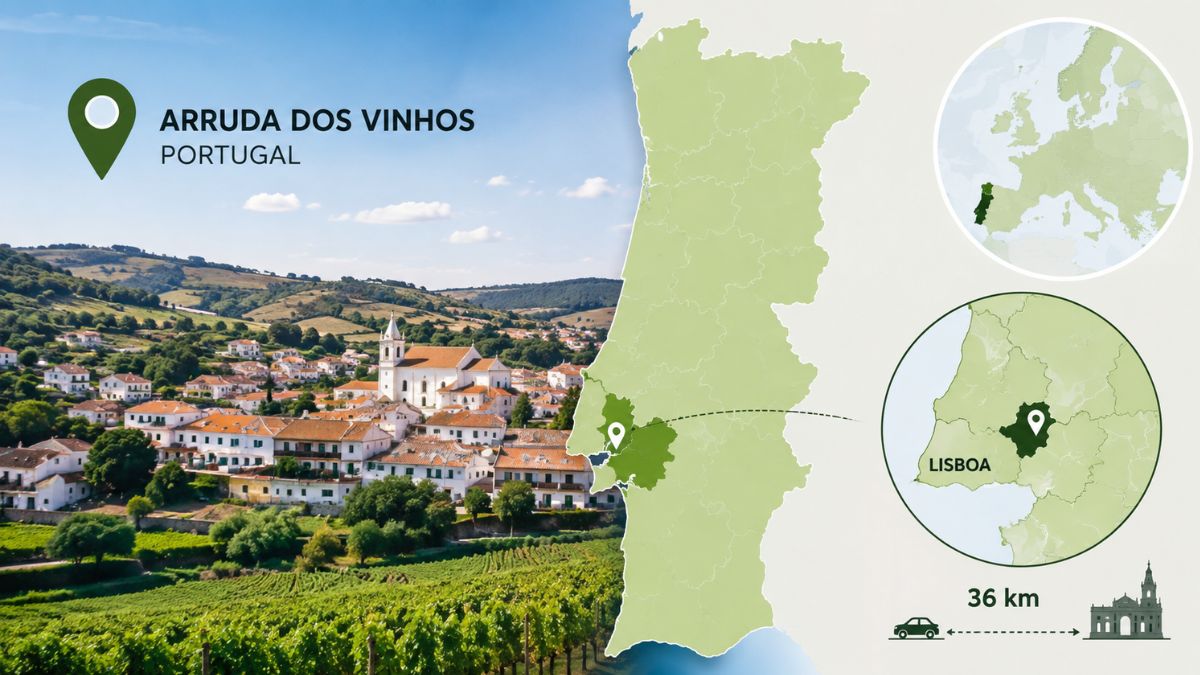 Mapa ilustrativo da localização de Arruda dos Vinhos em Portugal destacando a proximidade de 36 quilómetros em relação a Lisboa.