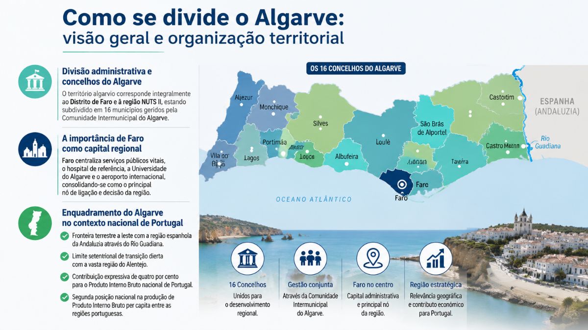 Mapa informativo a explicar como se divide o Algarve, destacando a organização territorial dos 16 concelhos, a capital regional em Faro e a fronteira com Espanha através do Rio Guadiana.