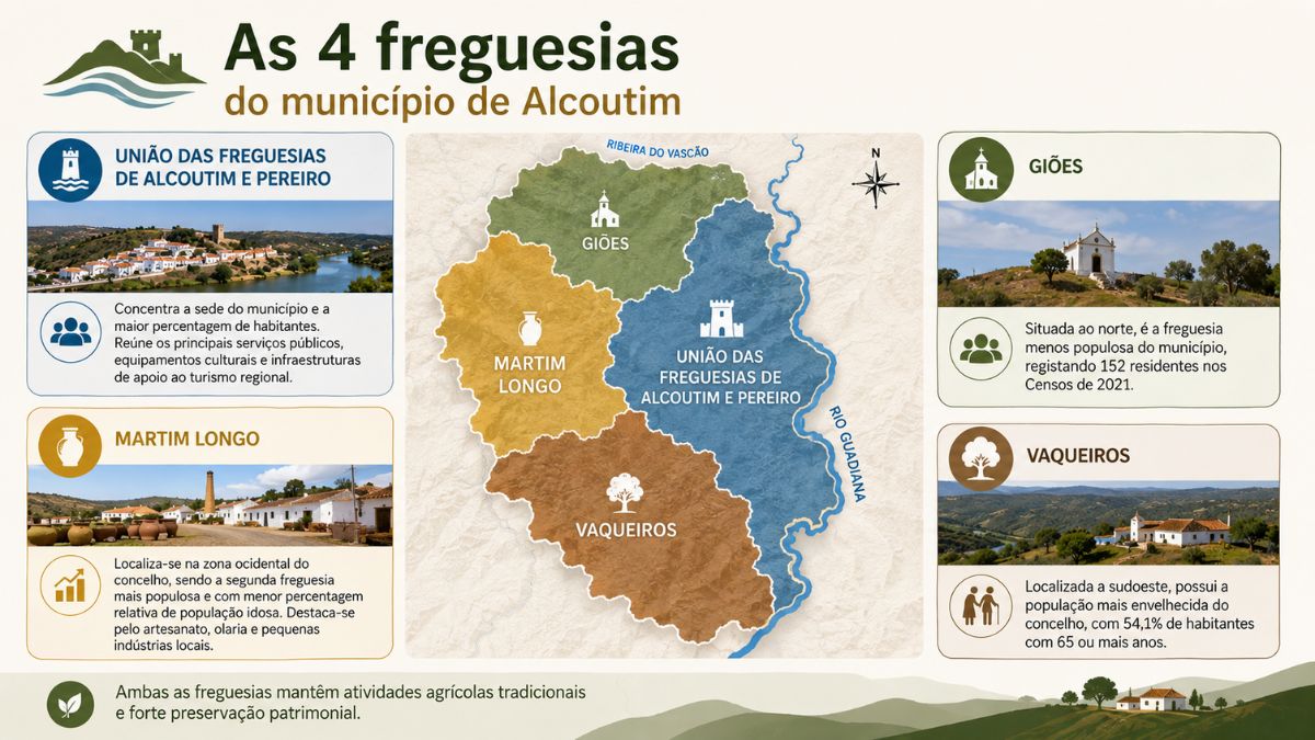 Infográfico ilustrativo com mapa de Alcoutim detalhando as quatro freguesias do concelho algarvio com dados populacionais e territoriais.
