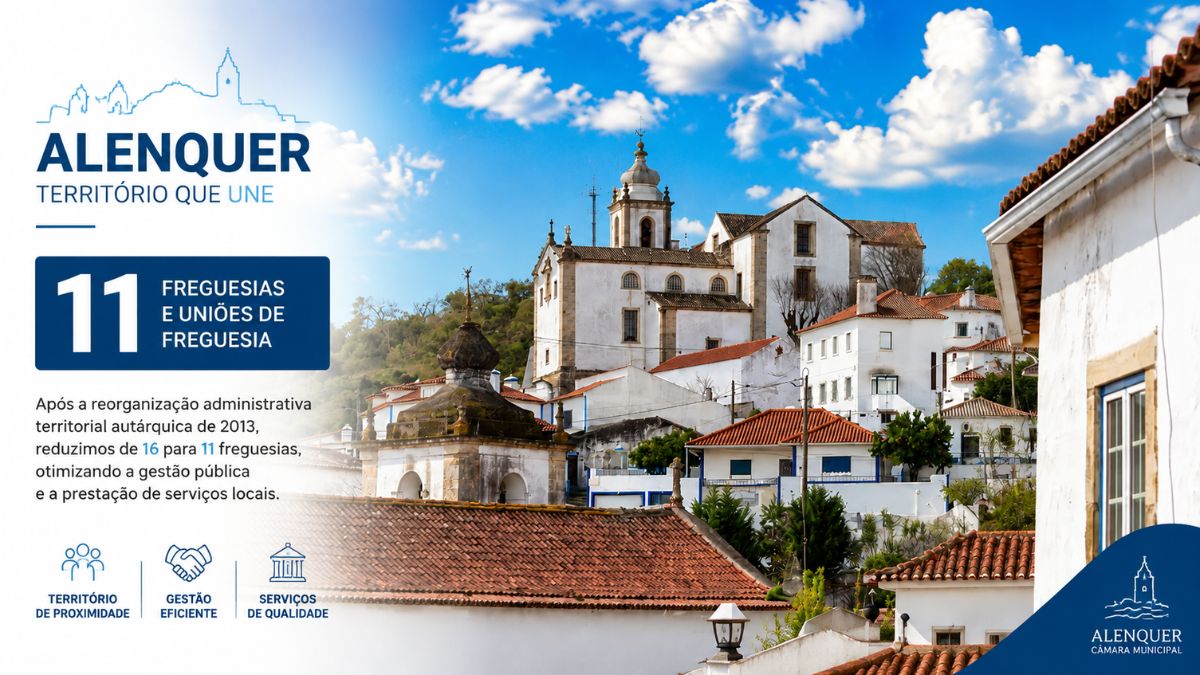 Infografia oficial da Câmara Municipal de Alenquer em Portugal a destacar as 11 freguesias e uniões de freguesia sobre uma fotografia da vila histórica.