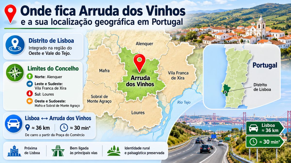 Infográfico explicativo sobre a localização de Arruda dos Vinhos no Distrito de Lisboa com detalhes de acessos rodoviários e concelhos limítrofes.