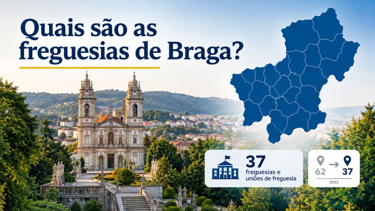 Infográfico ilustrativo com o mapa do concelho de Braga e o Santuário do Bom Jesus evidenciando as trinta e sete freguesias.