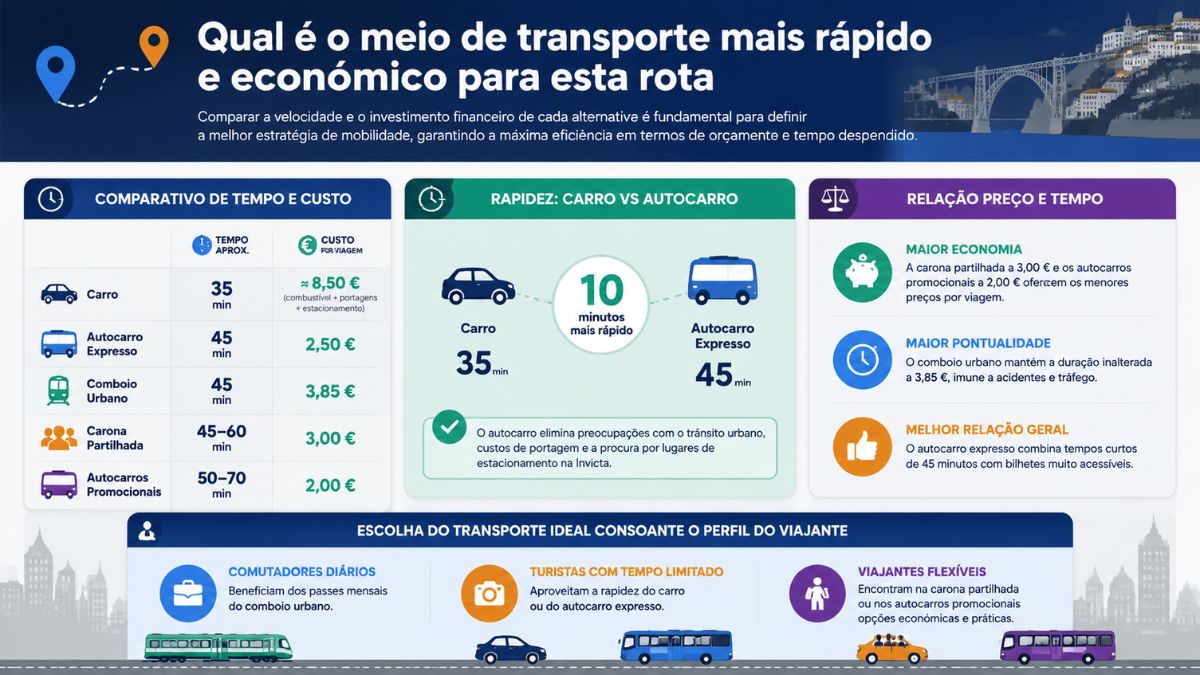 Infográfico comparativo do meio de transporte mais rápido e económico entre Guimarães e o Porto analisando o tempo e custo de carro, autocarro e comboio.