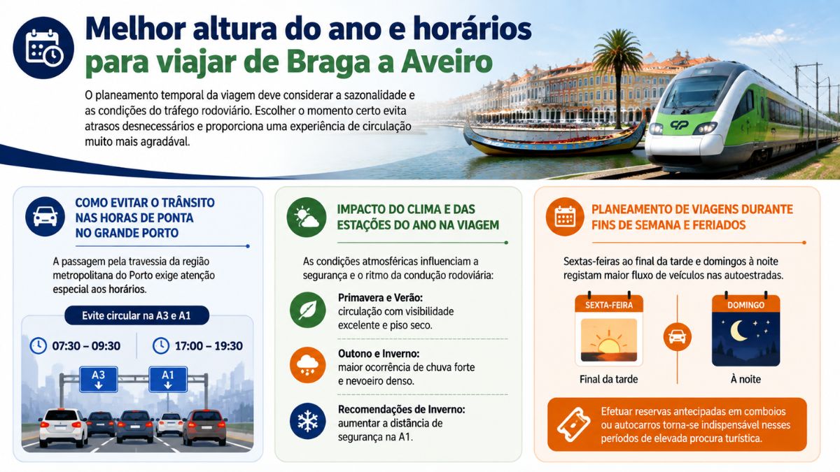 Infográfico explicativo sobre a melhor altura do ano e horários para viajar de Braga a Aveiro, detalhando como evitar trânsito no Grande Porto, impactos do clima e planeamento nos fins de semana.