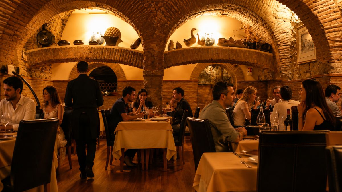 Ambiente de restaurante tradicional no Bairro Alto em Lisboa com arcos de tijolo à vista, garçom servindo e clientes em refeição.