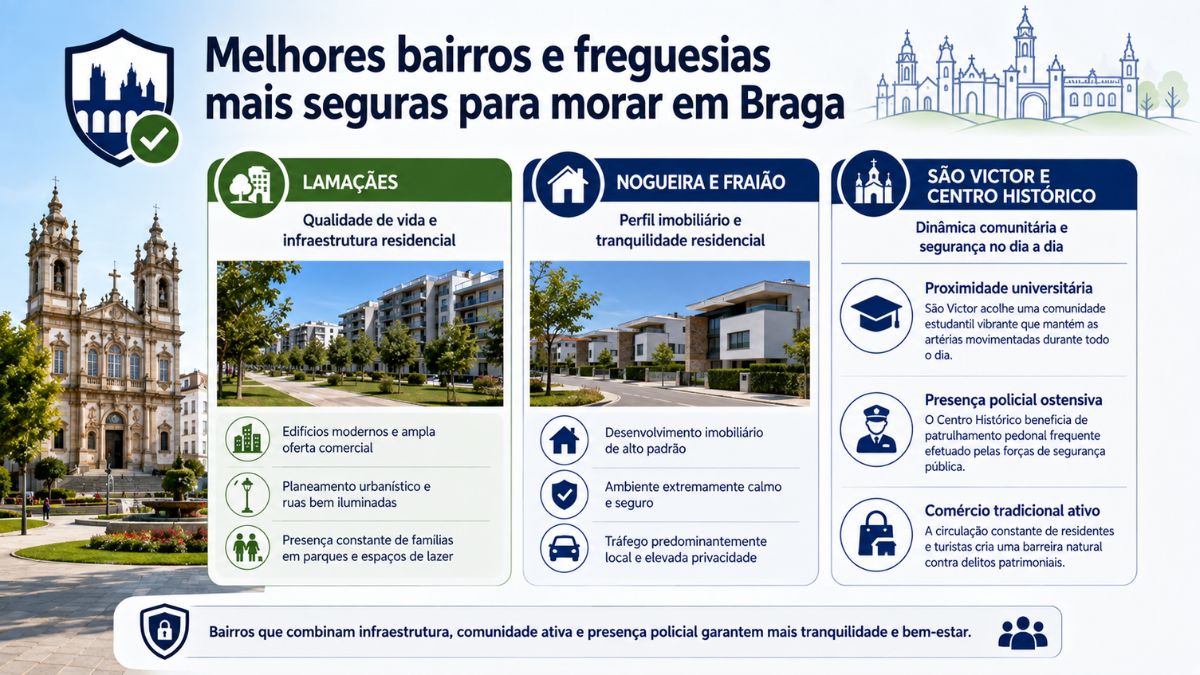 Infográfico sobre as zonas mais seguras de Braga destacando Lamaçães, Nogueira, Fraião, São Victor e Centro Histórico com edifícios e moradias.